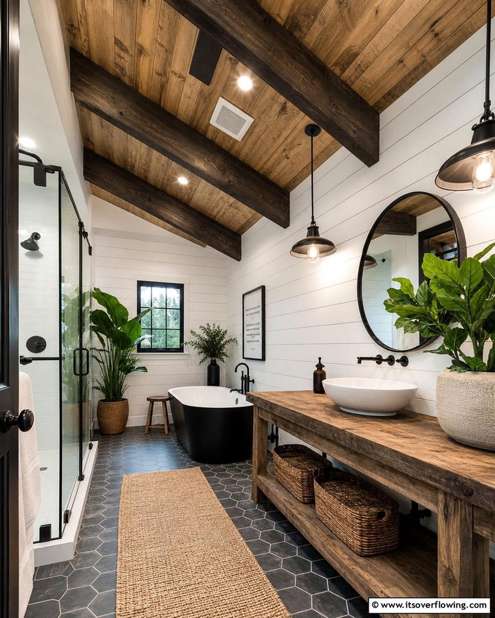 Statement Ceiling Treatments - 21 Modern Farmhouse Bathroom Ideas Blending Rustic Charm