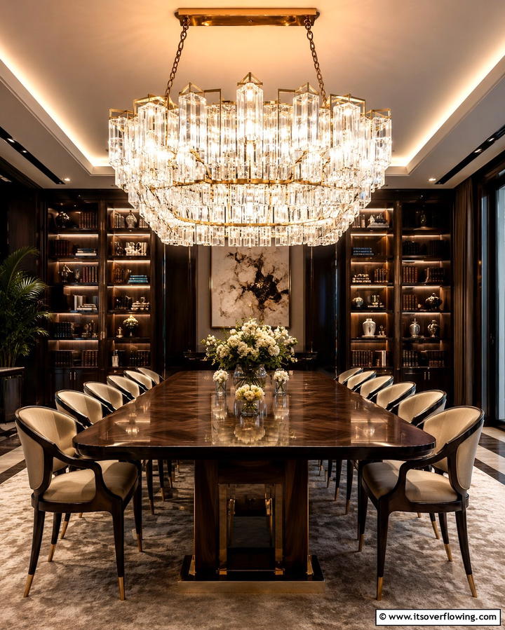 Statement Chandelier Above the Table - 25 Library Dining Room Combo Ideas for Book Lovers