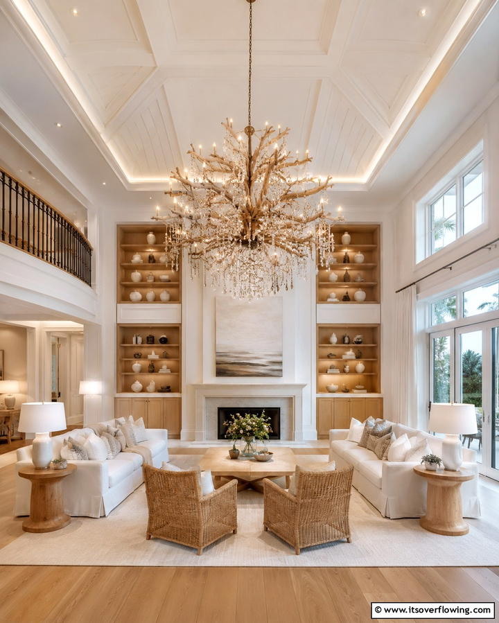 Statement Chandeliers - 30 Hamptons Living Room Ideas for Coastal-Inspired Elegance