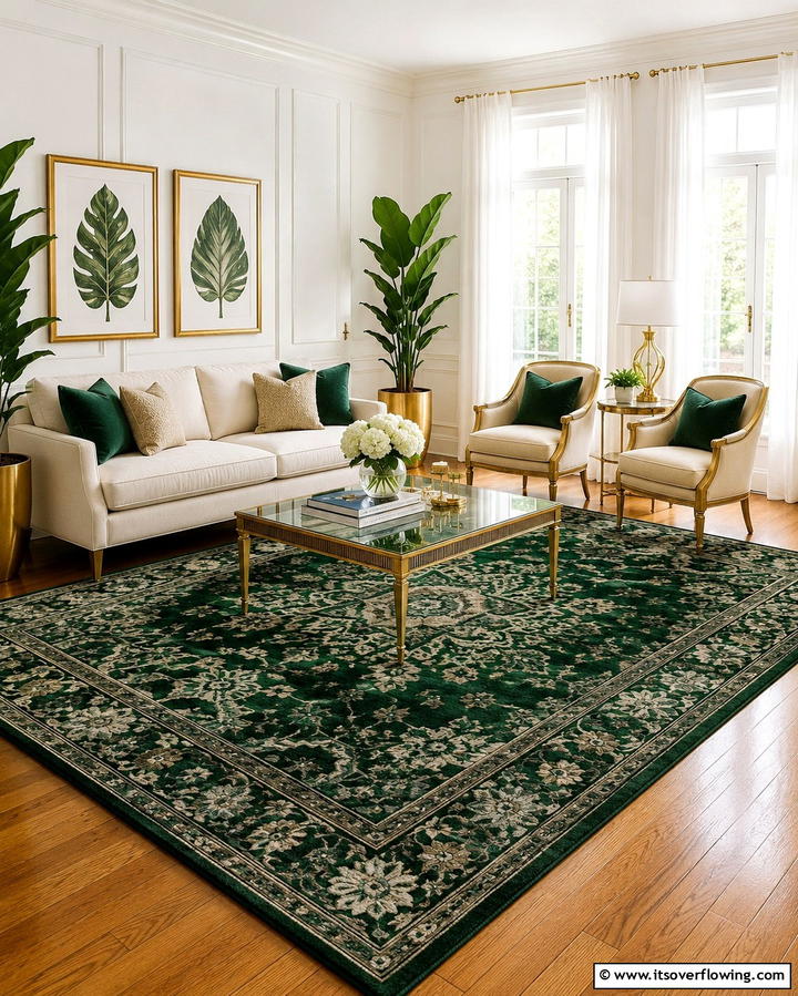Statement Emerald Green Area Rug - 25 Emerald Green and Gold Living Room Ideas for Luxury