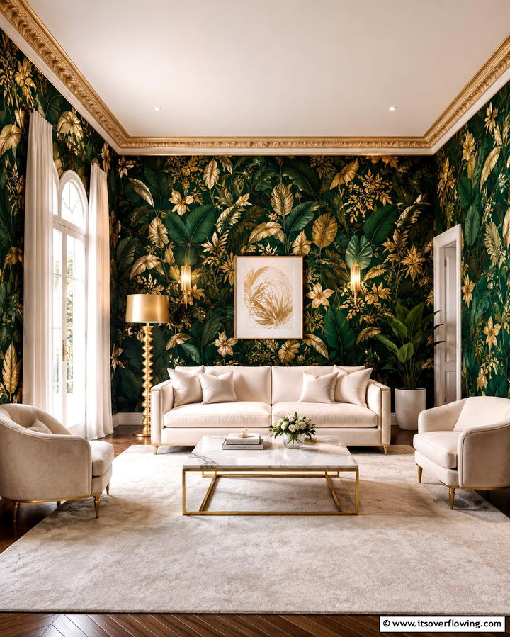 Statement Emerald and Gold Wallpaper for Walls - 25 Emerald Green and Gold Living Room Ideas for Luxury