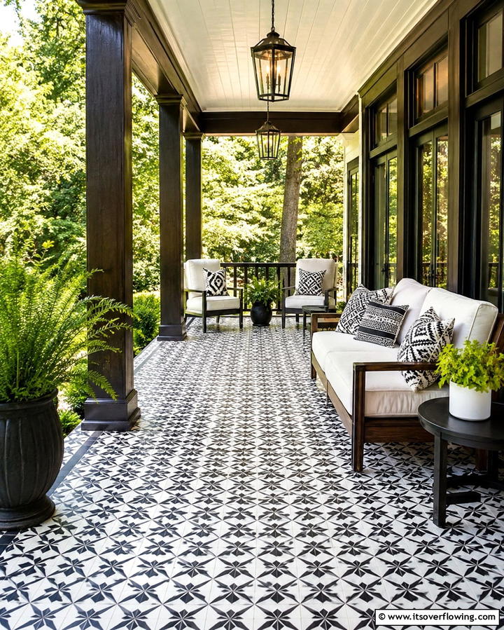 Statement Flooring Patterns - 30 Barndominium Front Porch Ideas for Rustic Charm