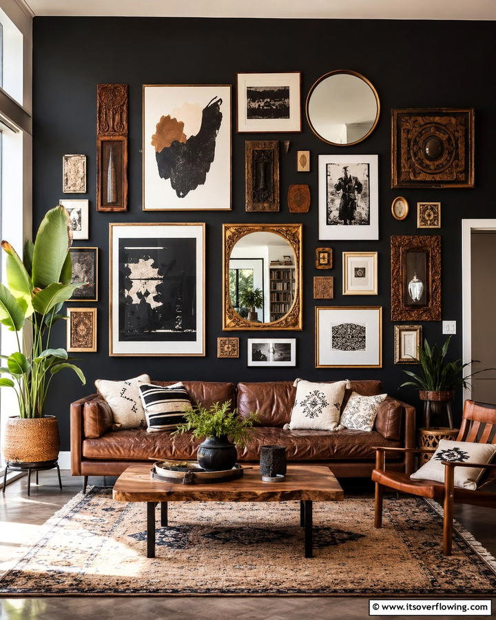Statement Gallery Wall - 25 Moody Boho Living Room Ideas for a Cozy Vibe