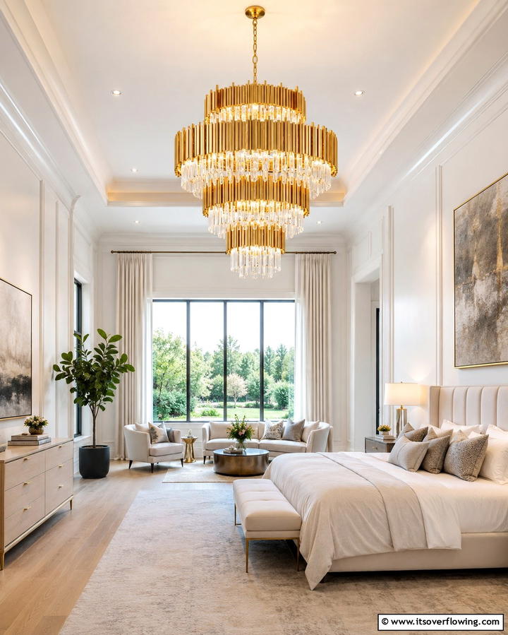 Statement Gold Chandeliers - 25 White and Gold Bedroom Ideas for a Serene Retreat