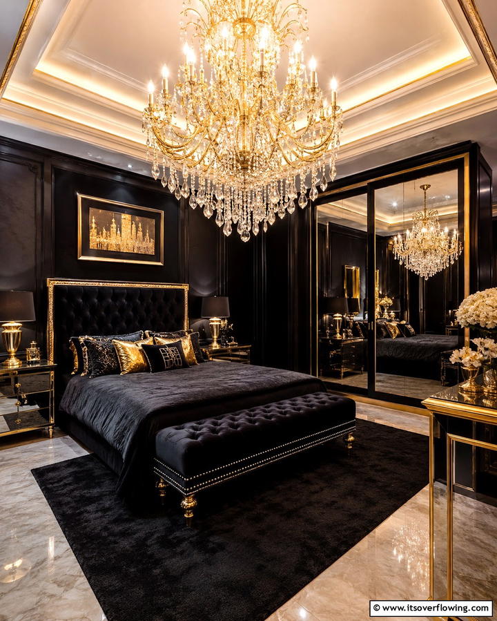 Statement Gold Light Fixtures - 25 Stunning Black and Gold Bedroom Design Ideas