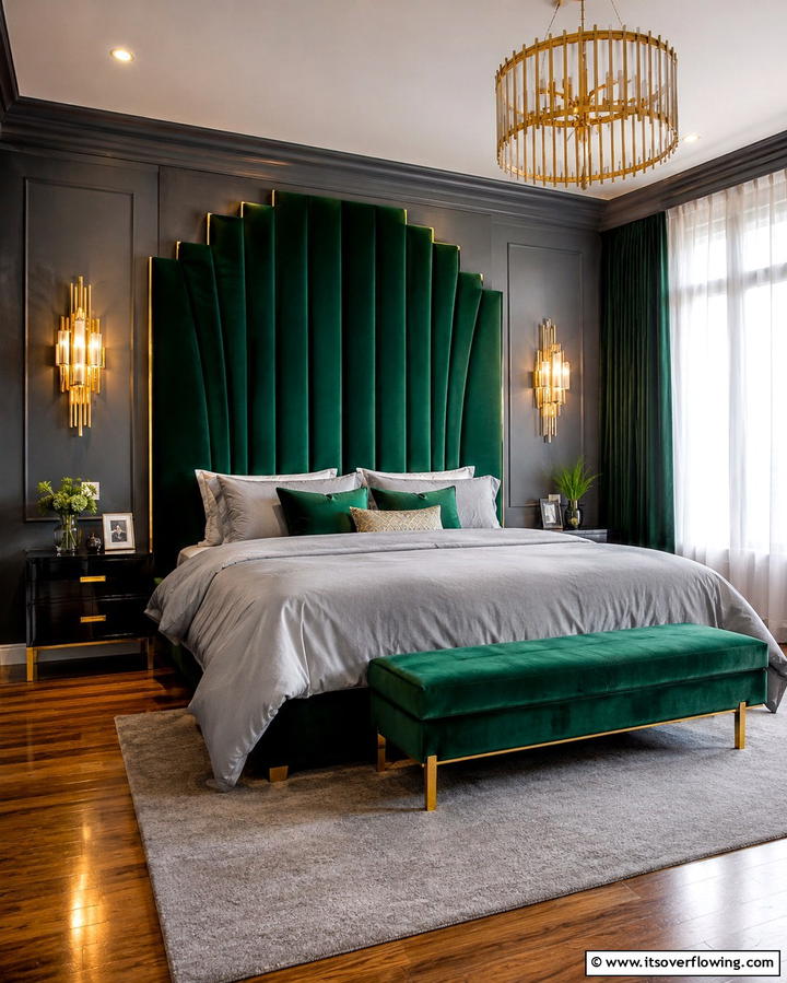 Statement Green Headboard Against Grey Walls - 25 Modern Green and Grey Bedroom Design Ideas