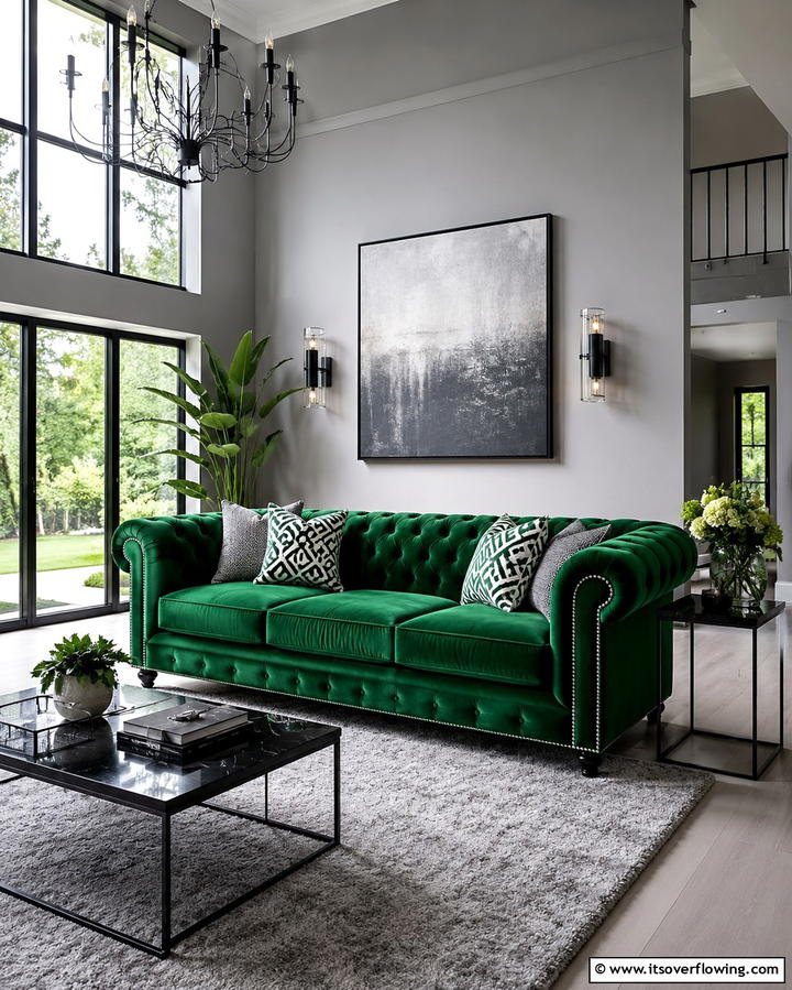 Statement Green Sofa with Neutral Grey - 25 Green and Grey Living Room Ideas for Modern Homes