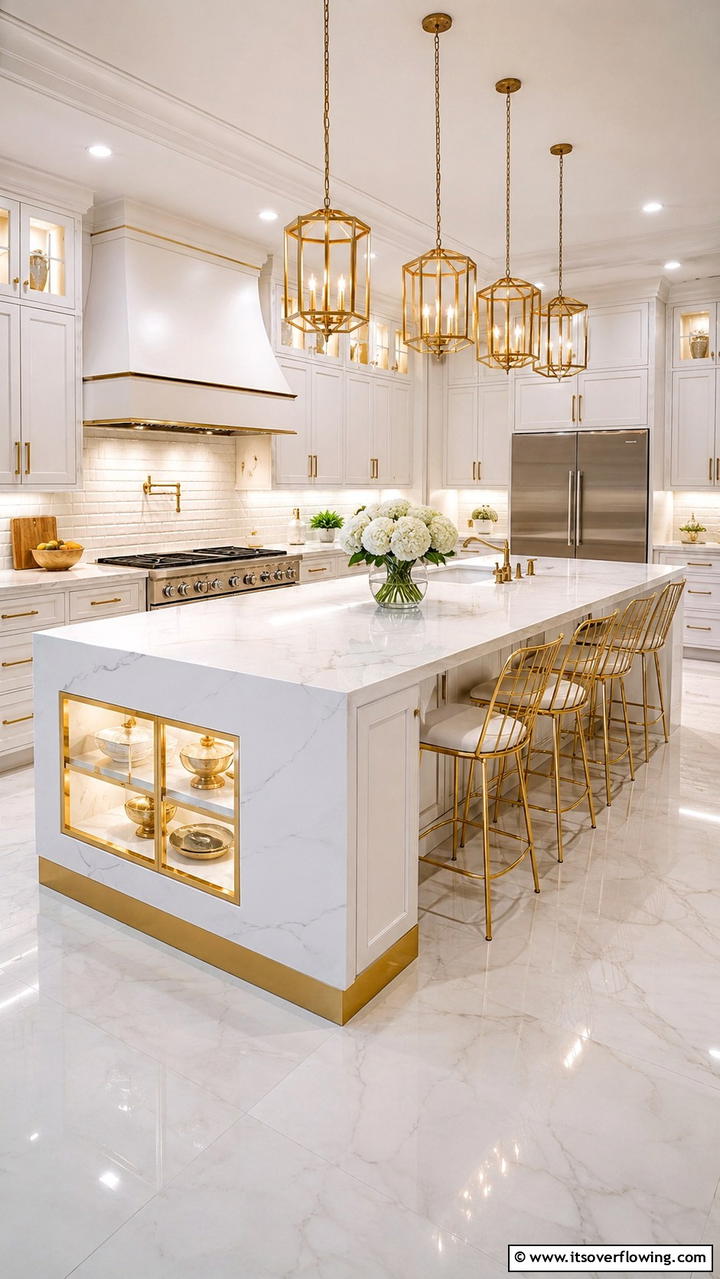 Statement Kitchen Island in White and Gold - 21 White and Gold Kitchen Ideas for Timeless Elegance