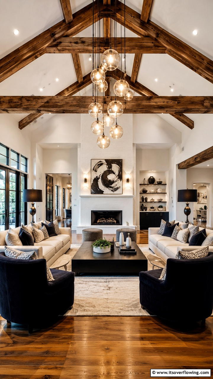 Statement Lighting - 30 Exposed Beam Living Room Ideas for Rustic Charm