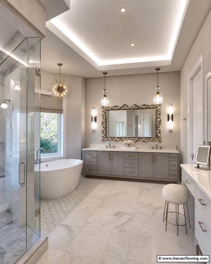 Statement Lighting - 21 Modern Bathroom Ideas for a Luxurious Spa Experience