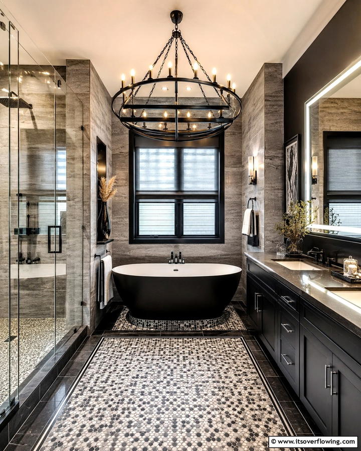 Statement Lighting - 25 Black and Grey Bathroom Ideas for a Sleek Design