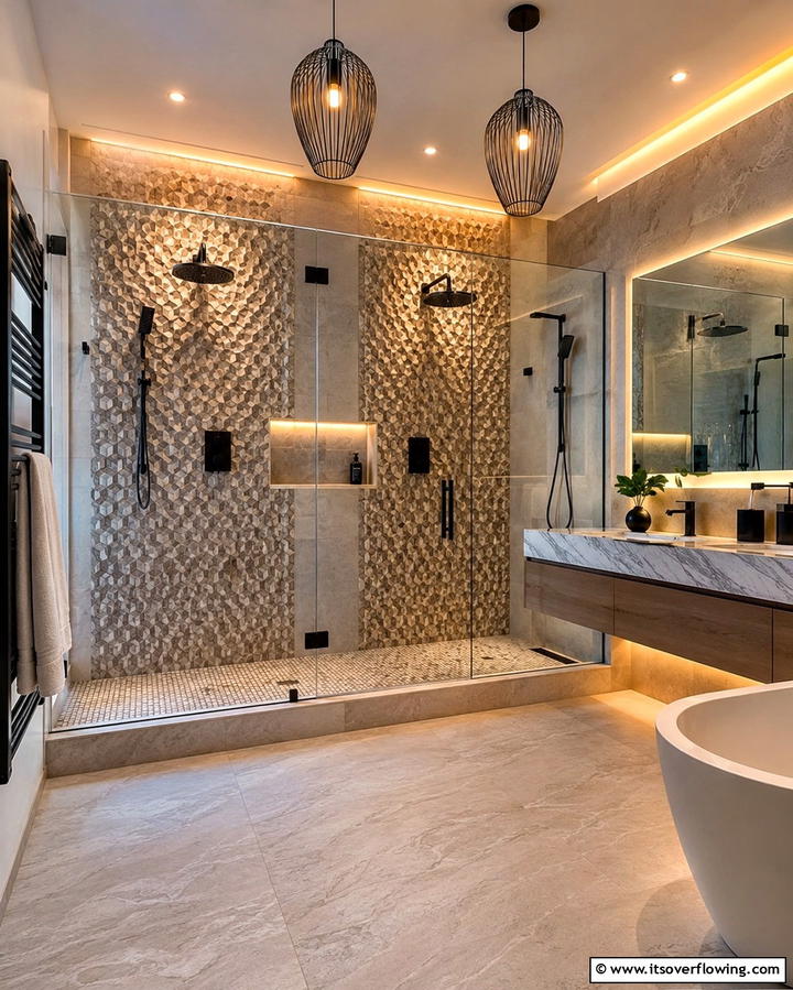 Statement Lighting Above Showers - 25 Double Shower Ideas for a Luxurious Bathroom