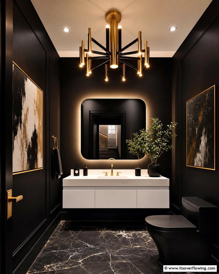 Statement Lighting Design - 25 Elegant Black Powder Room Ideas for a Bold Look