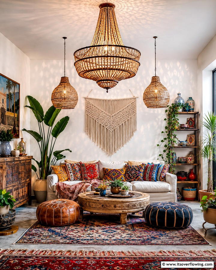 Statement Lighting Fixtures - 25 Colorful Boho Living Room Ideas for a Vibrant Space