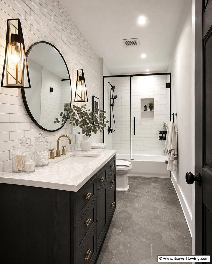 Statement Lighting Fixtures - 25 Hallway Bathroom Ideas to Maximize Small Spaces