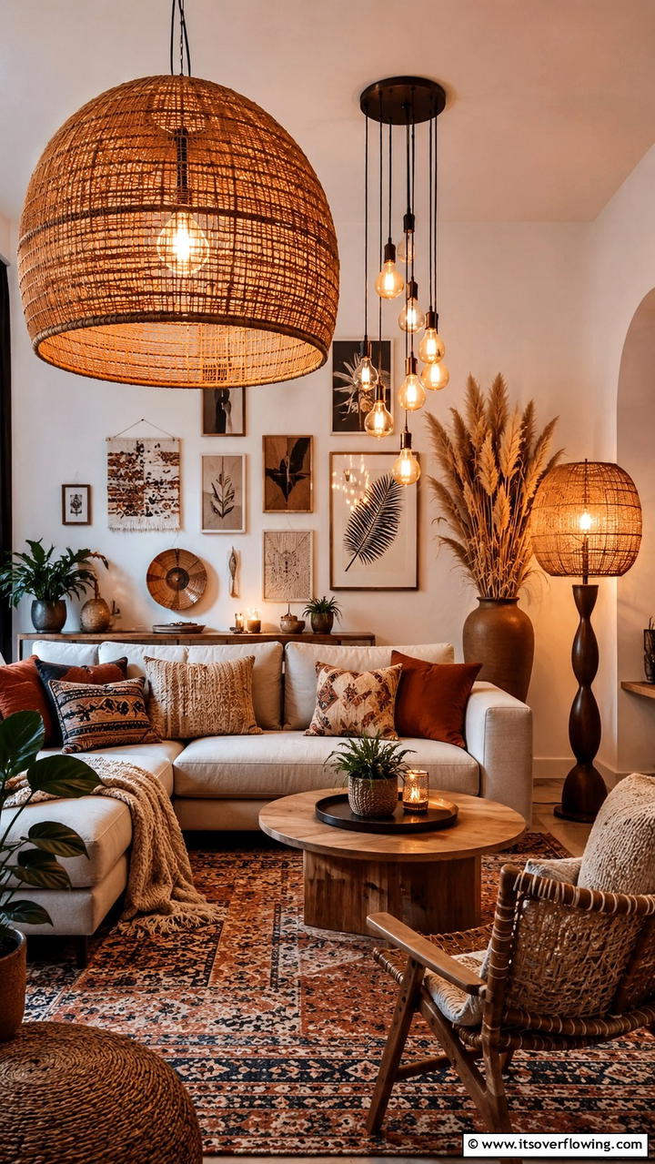 Statement Lighting Fixtures - 30 Boho Chic Living Room Ideas for a Cozy and Eclectic Vibe