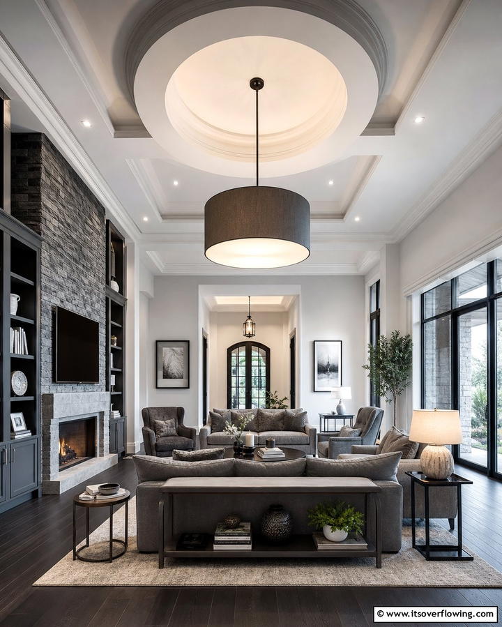 Statement Lighting Fixtures - 30 Grey Living Room & Dark Wood Floor Design Combinations
