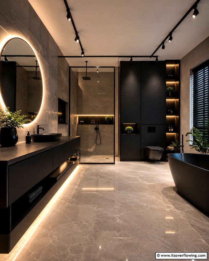 Statement Lighting Integration - 30 Black Cabinet Bathroom Ideas for Dramatic Modern Spaces