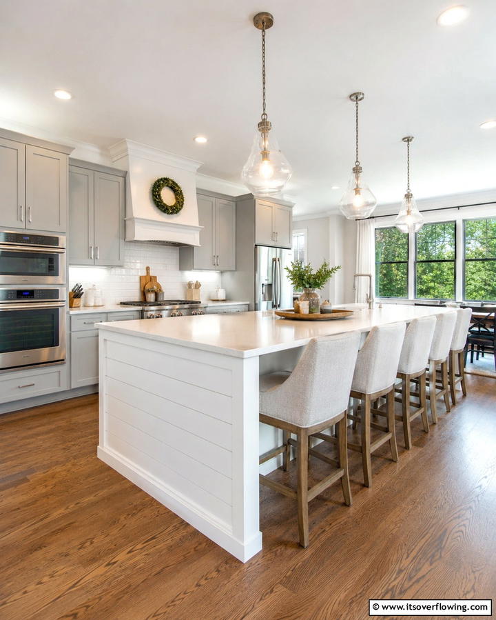 Statement Lighting Pairing - 25 Shiplap Kitchen Island Ideas for a Farmhouse Feel