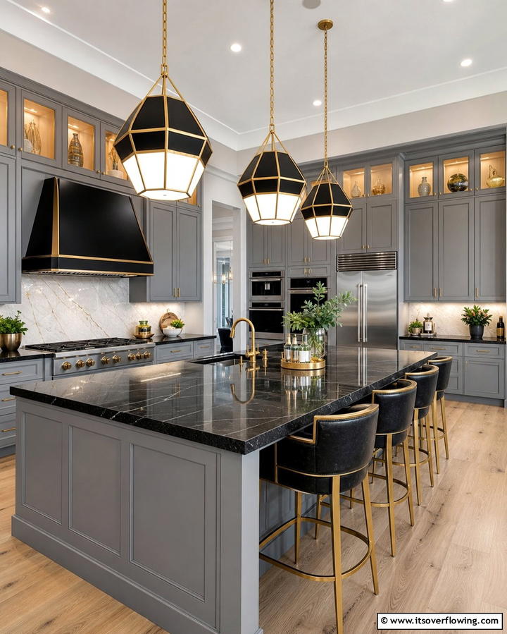 Statement Lighting for a Bold Look - 25 Kitchen Ideas with Gray Cabinets and Black Countertops