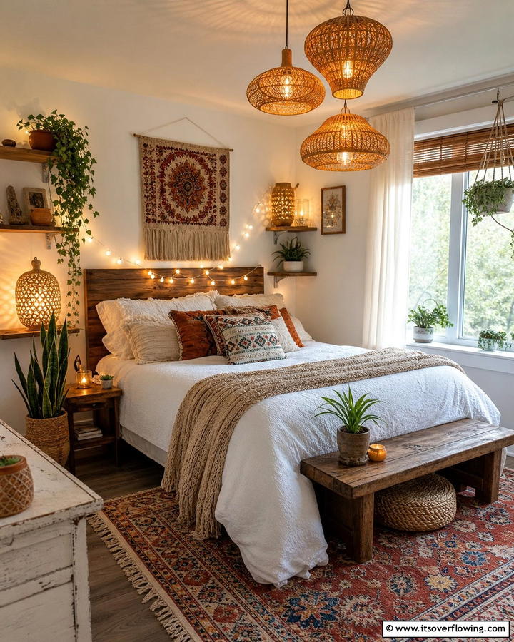 Statement Lighting for a Cozy Glow - 20 Cozy Small Boho Bedroom Design Ideas