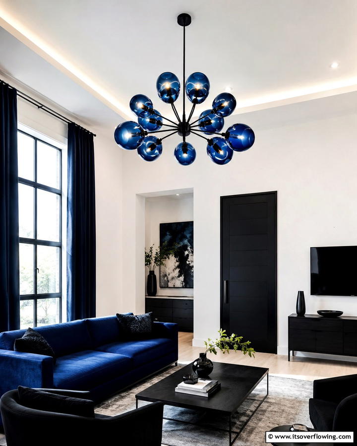 Statement Lighting in Black and Blue - 25 Bold Black and Blue Living Room Ideas for a Statement