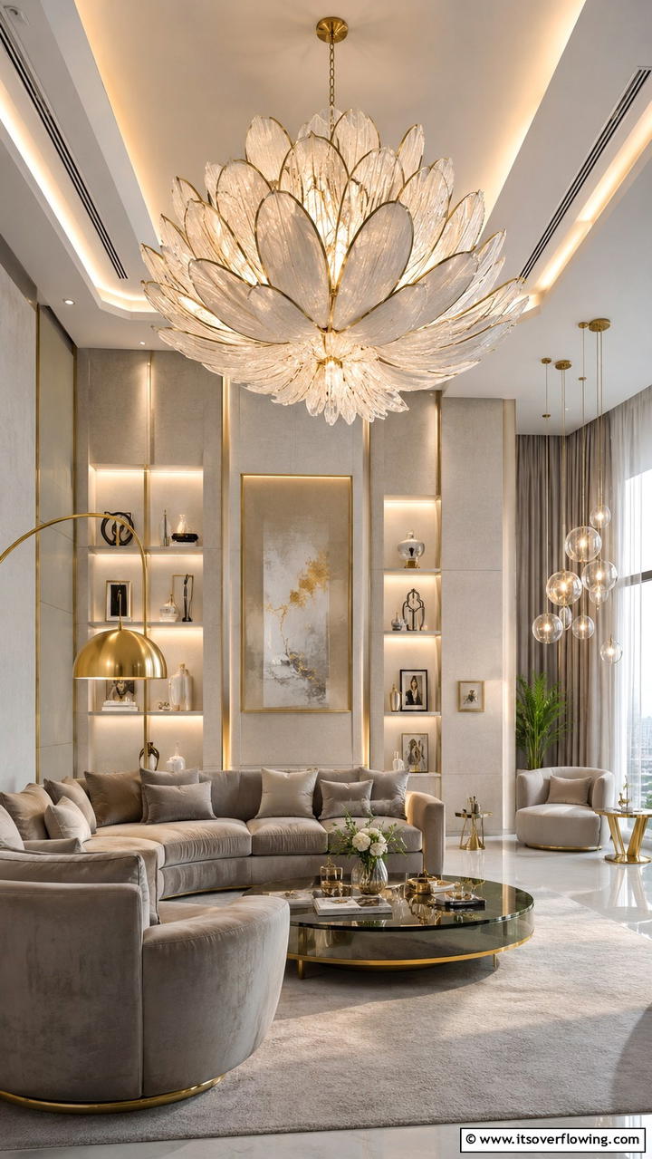 Statement Lighting in Greige Living Room - 30 Greige Living Room Ideas for Neutral & Warm Modern Spaces