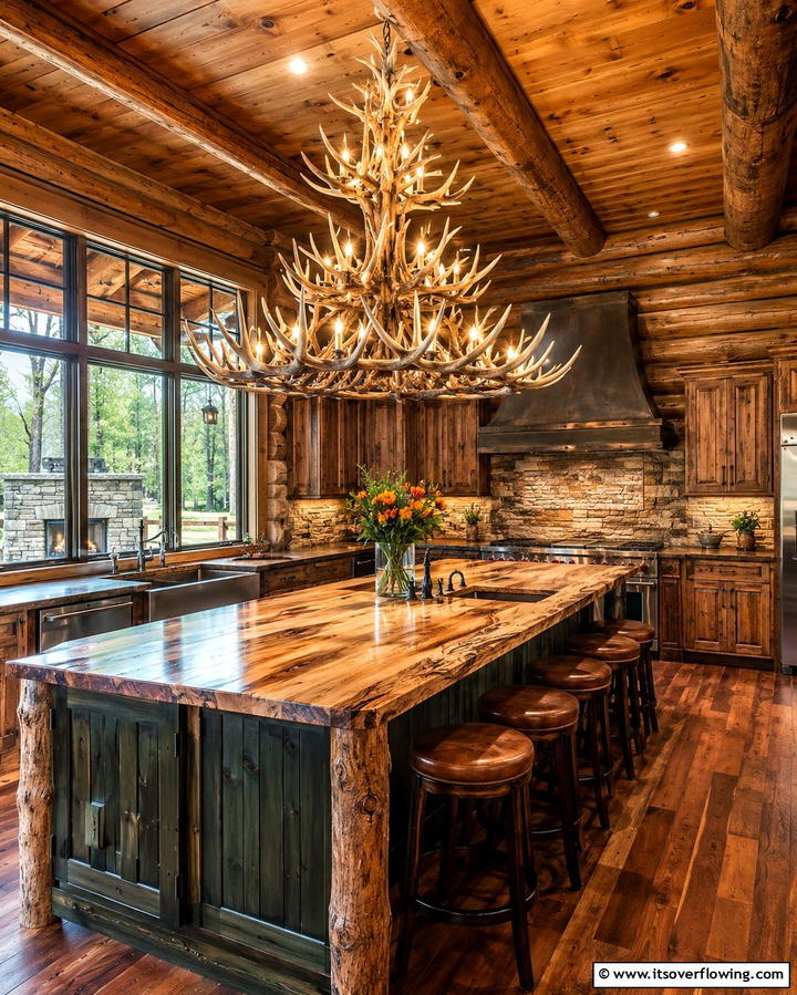 Statement Lighting with Antler Chandeliers - 25 Log Cabin Kitchen Design Ideas for a Rustic Look
