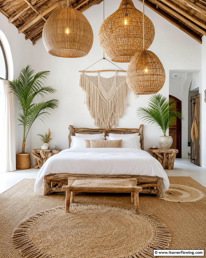 Statement Lighting with Rattan Pendants - 20 Boho Beach Bedroom Ideas for a Relaxing Retreat