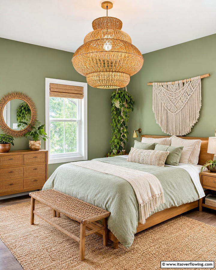 Statement Lighting with Woven Details - 25 Boho Sage Green Bedroom Ideas for a Serene Retreat
