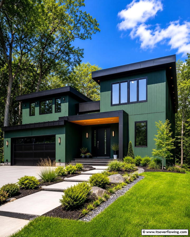 Statement Making Dark Green with Black Accents - 30 Stunning Dark Green Exterior House Designs for Curb Appeal