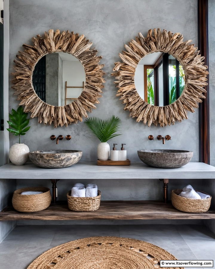 Statement Mirrors with Tropical Frames - 25 Tropical Bathroom Ideas for a Spa-like Retreat