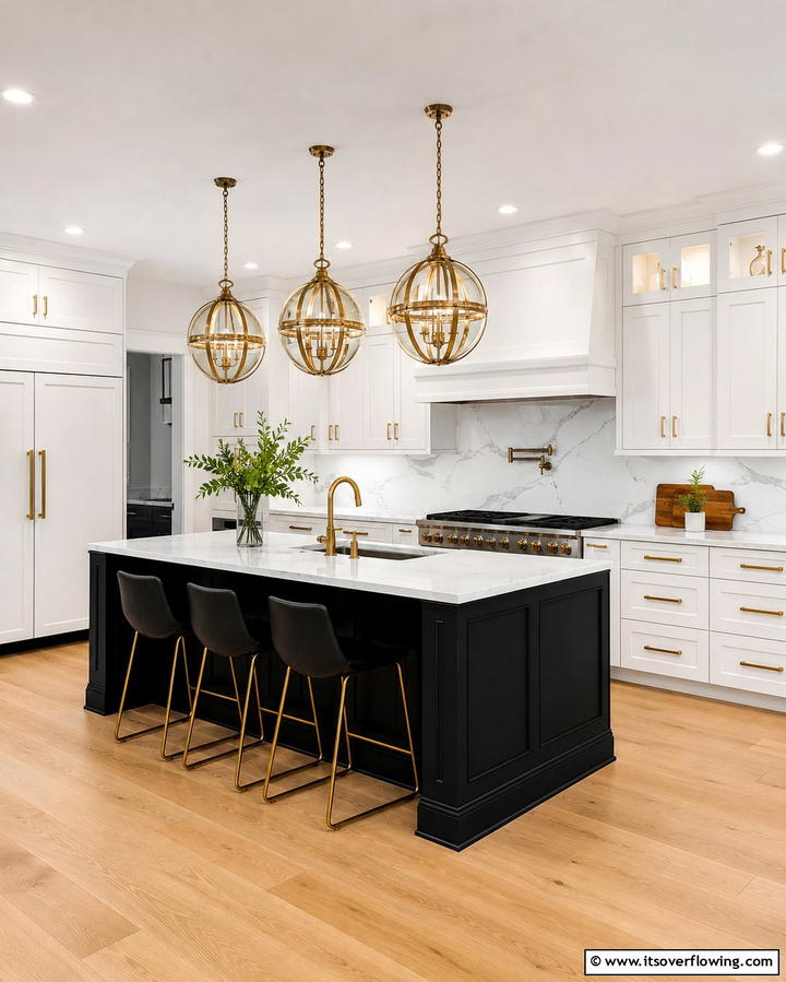 Statement Pendant Lighting - 20 White Kitchen Ideas With Black Island for Contrast