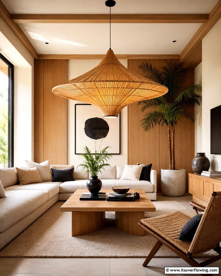 Statement Pendant Lighting - 25 Japandi Living Room Ideas for Minimalist Elegance