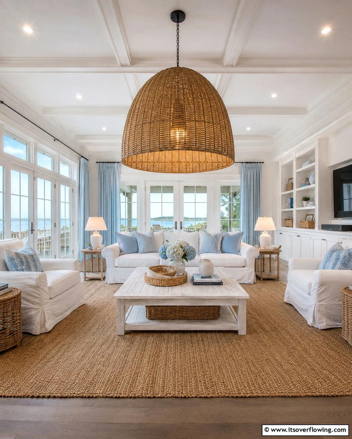 Statement Pendant Lighting - 30 Hamptons Living Room Ideas for Coastal-Inspired Elegance