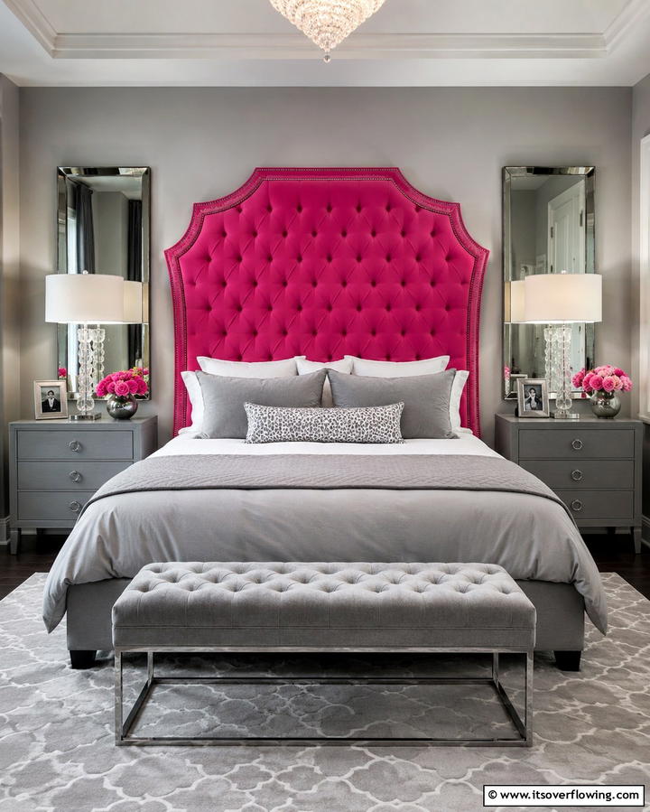 Statement Pink Headboard Against Grey Walls - 25 Pink and Grey Bedroom Ideas for a Serene Space