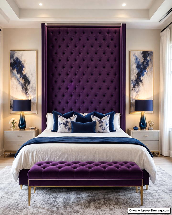 Statement Purple Headboard with Blue Details - 20 Blue and Purple Bedroom Ideas- Vibrant & Cozy Designs