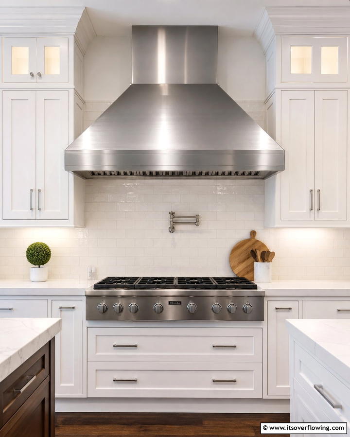 Statement Range Hood in Stainless Steel - 25 White Kitchen with Stainless Steel Appliances Ideas