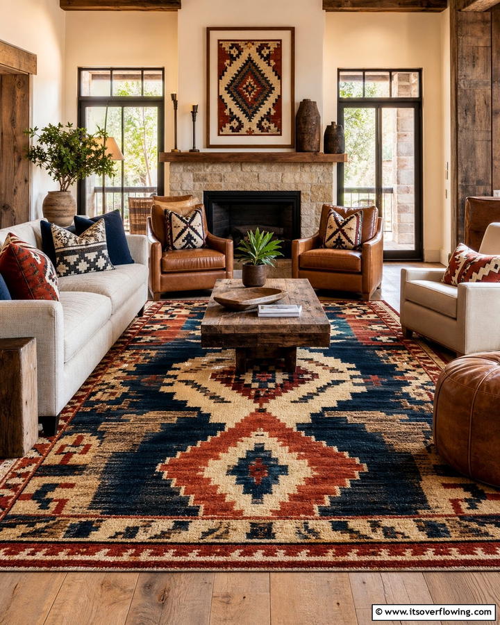 Statement Rug Styling - 30 Western Living Room Ideas for Cozy Rustic Ambiance