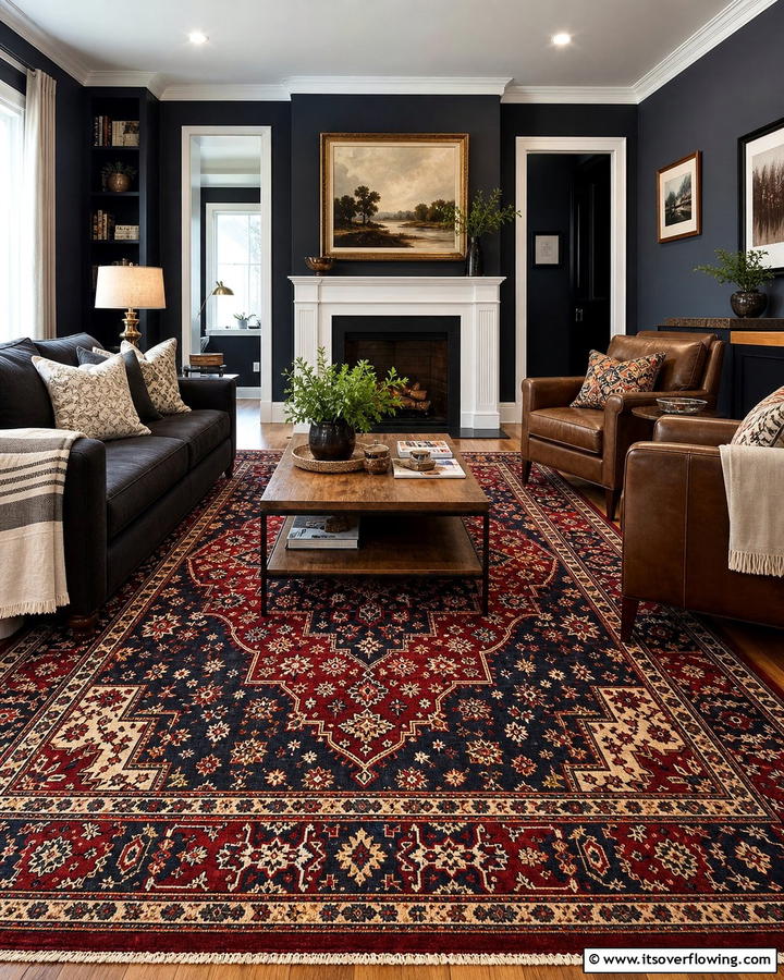 Statement Rugs in Rich Tones - 20 Moody Living Room Ideas for a Dramatic Atmosphere