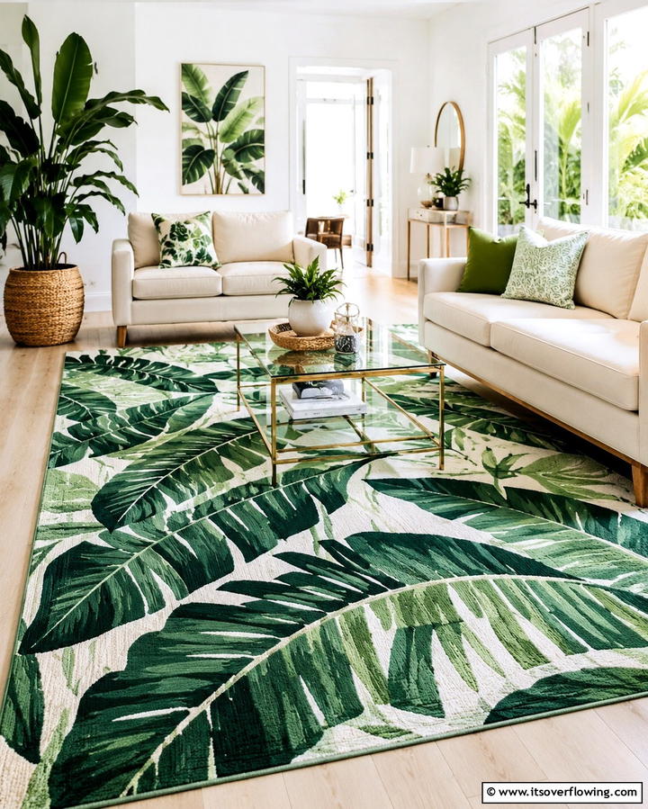 Statement Rugs with Tropical Patterns - 25 Tropical Living Room Ideas for a Vibrant Space