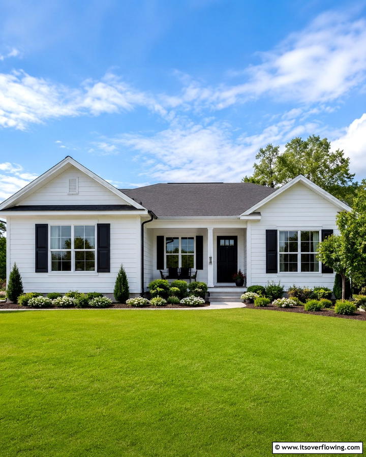 Statement Shutters Black Shutters on White Walls - 30 Single-Story White House Black Trim Exterior Inspirations