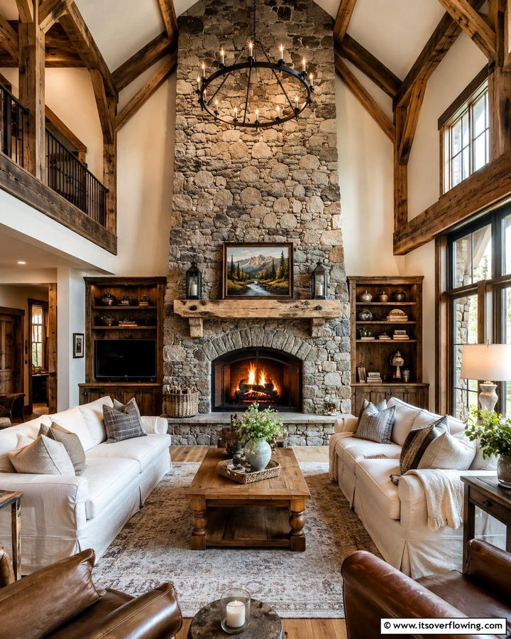 Statement Stone Fireplace for Rustic Warmth - 25 Farmhouse Living Room Ideas for a Rustic Charm