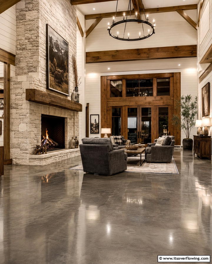 Statement Stone Fireplace - 25 Rustic Concrete Floor Living Room Ideas for Style