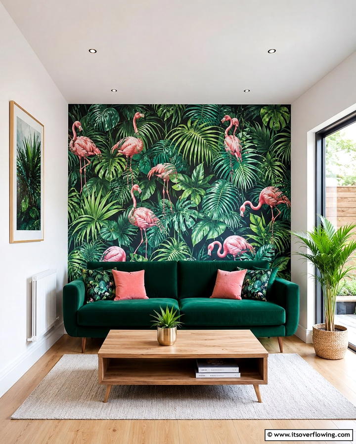 Statement Tropical Wallpaper - 25 Tropical Living Room Ideas for a Vibrant Space