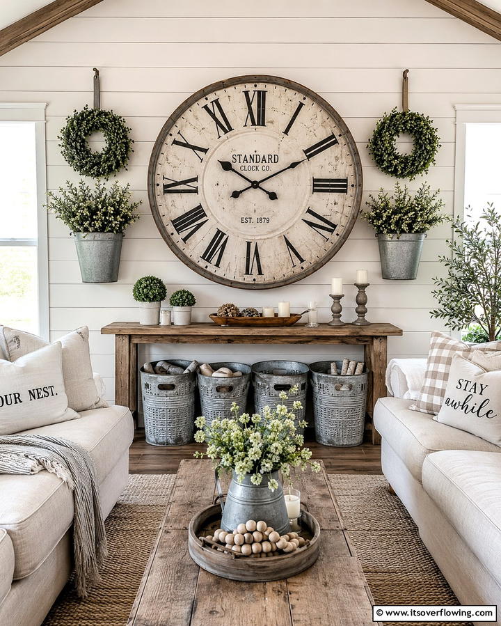 Statement Wall Clocks - 25 Farmhouse Living Room Ideas for a Rustic Charm