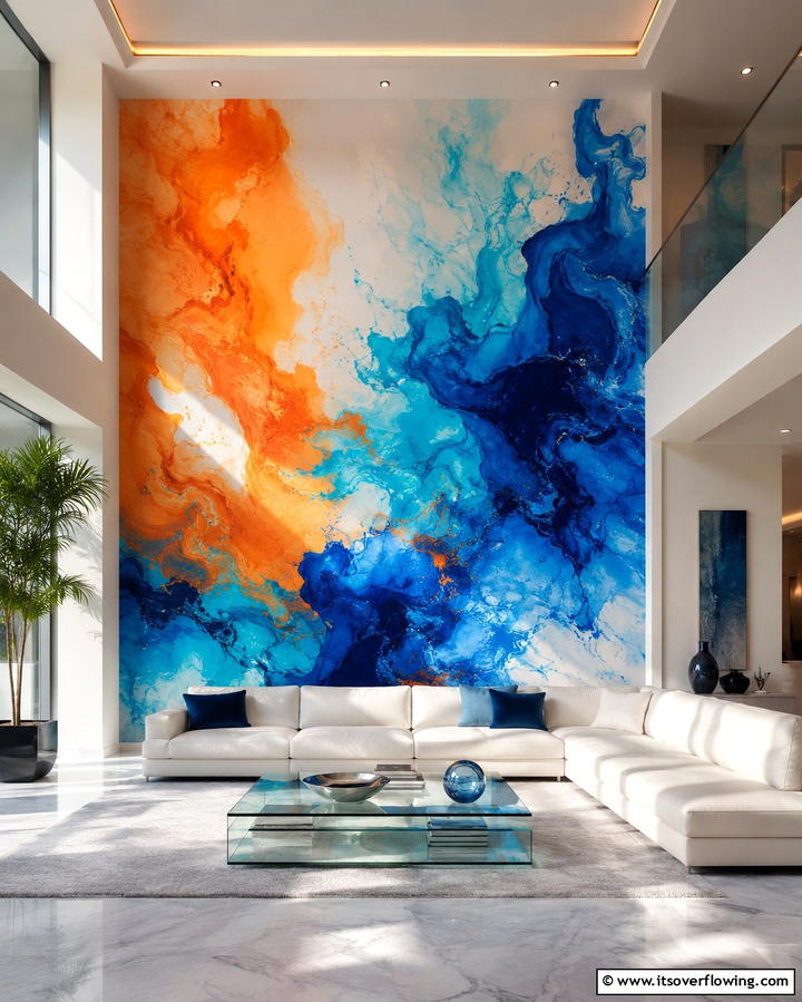 Statement Wall Murals - 25 Orange and Blue Living Room Ideas for a Bold Look