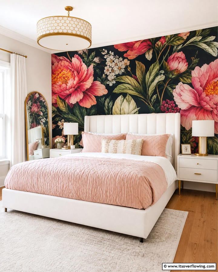 Statement Wall with Floral Wallpaper - 25 Bedroom Ideas for Women to Reflect Personal Style