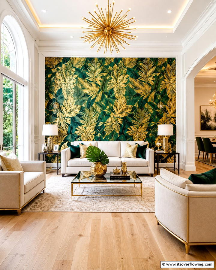 Statement Wall with Green and Gold Wallpaper - 25 Green and Gold Living Room Ideas for Luxury