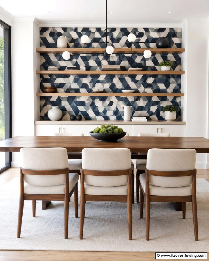 Statement Wallpaper Behind Shelves - 25 Library Dining Room Combo Ideas for Book Lovers
